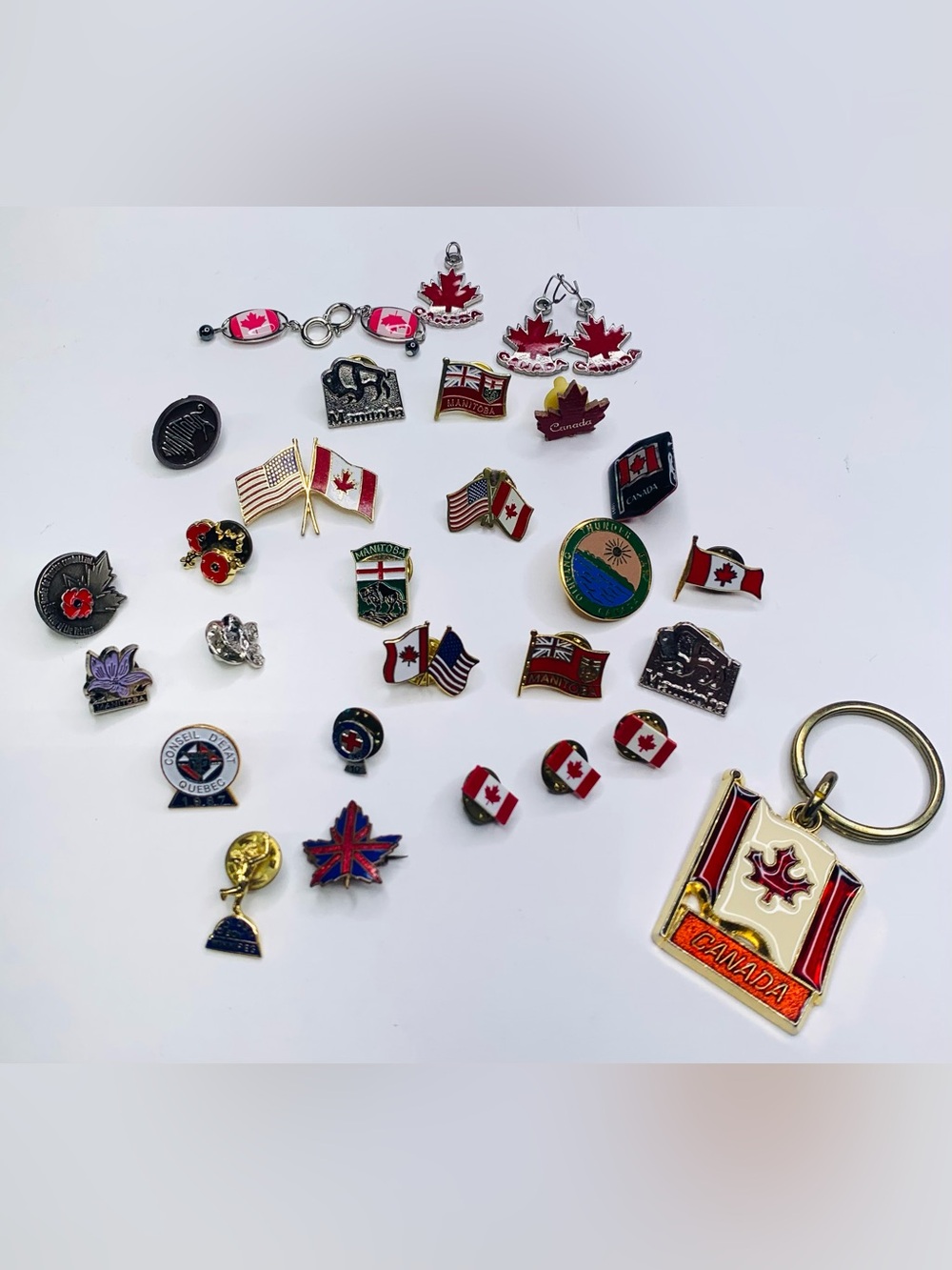 Canada Flag Pin & Keychain Lot - Red and White Maple Leaf - Picture 1 of 8